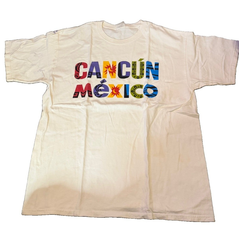 Vintage 90s REEF Cancun Mexico T-Shirt Colorful Spell Out Souvenir L